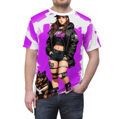 girl an a dog chillin Unisex Cut & Sew Tee (AOP) - Cheeky-Prints